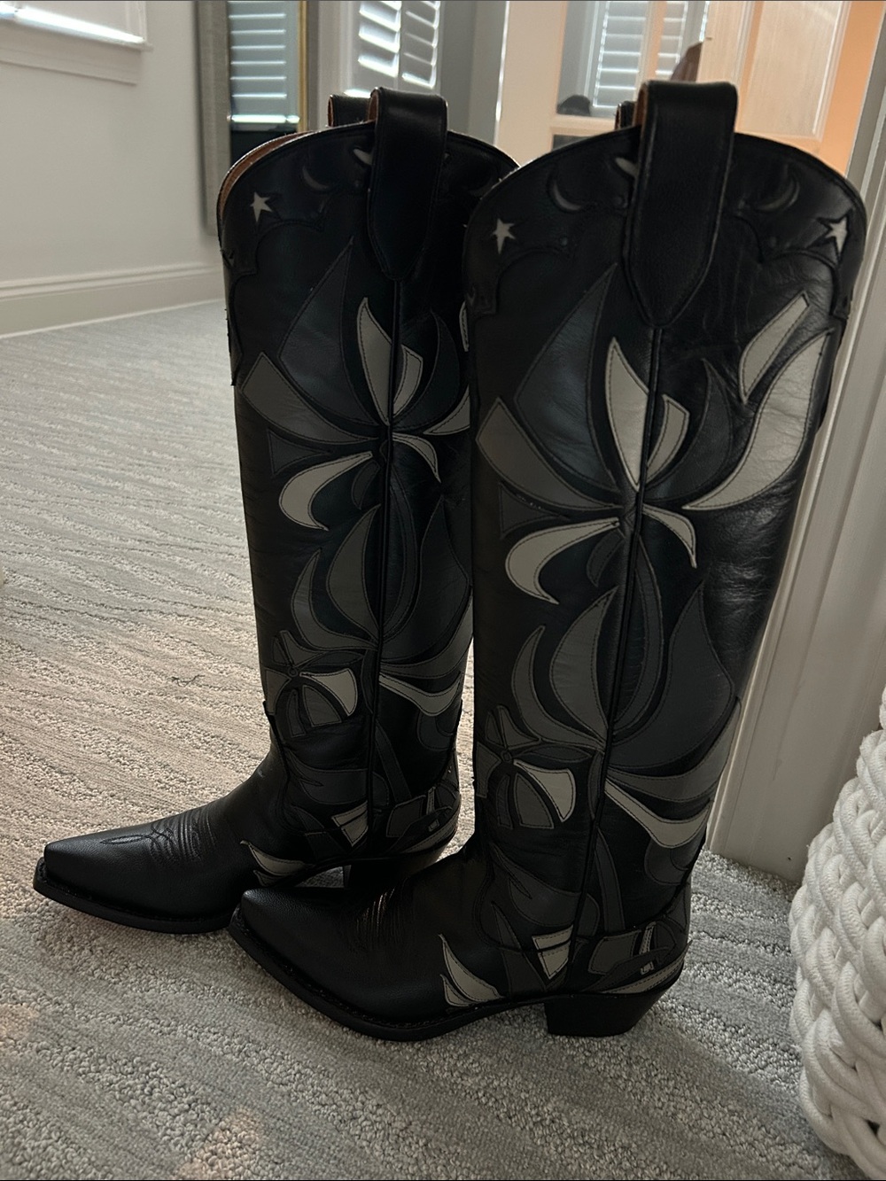 Miron Crosby Black Western Tall Leather Boots with Gray Leather Inlay